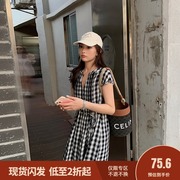 大花媛【英伦格纹裙】黑白格子连衣裙女夏季休闲收腰显瘦中长款