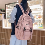双肩包女学生尼龙布纯色糖果色校园青年方形高颜值黑色拉链暗袋包