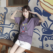 艺野系 紫色卡通印花T恤女夏日系学院可爱童趣宽松小个子短袖上衣