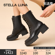 STELLA LUNA女鞋冬绑带短筒靴厚底户外牛皮增高时尚英伦风马丁靴