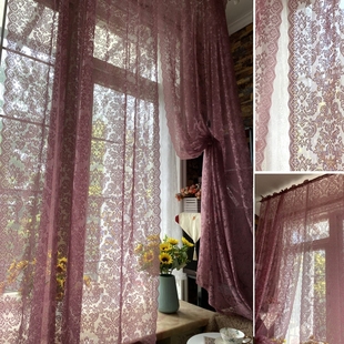 美式田园窗帘韩式透光紫粉色，蕾丝成品窗帘，窗纱床幔门帘阳台飘窗帘
