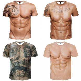 创意搞笑纹身肌肉衣服潮男t恤3d立体图案个性假腹肌胸肌肉短袖t恤