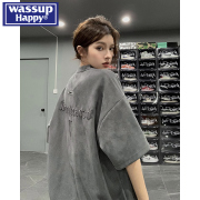 wassuphappy麂皮绒短袖t恤男夏季复古刺绣，重磅宽松圆领体恤