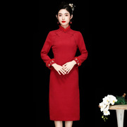 新中式红色旗袍改良敬酒服冬款妈妈，装婚宴小个子，冬加绒加厚连衣裙