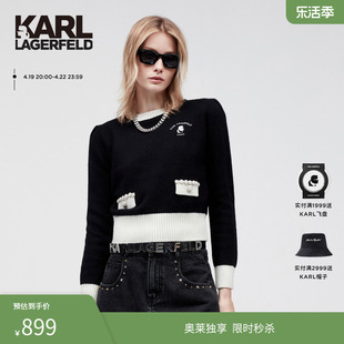 KARL LAGERFELD卡尔拉格早春黑色套头羊毛衣女针织衫老佛爷