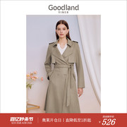 Goodland美地女装2023秋季英伦双排扣麂皮垂顺肌理风衣外套