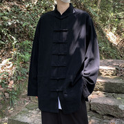 新中式盘扣亚麻衬衫男长袖中国风马褂汉服唐装外套加肥加大码男装
