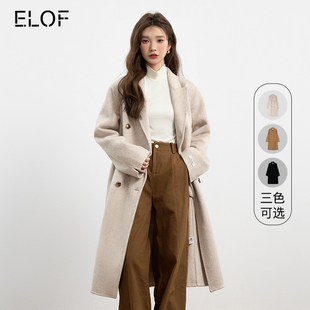 ELOF长款呢子大衣女正肩2024新高级感宽松双排扣羊毛外套冬季上衣