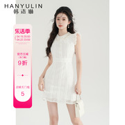 韩语琳新中式U型雪纺连衣裙2024新女夏季花边蕾丝短裙高腰直筒裙