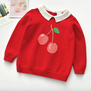 女童红色樱桃毛衣儿童，可爱春装衣服，娃娃翻领套头纯棉线上衣