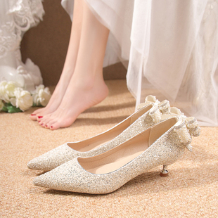 秀恋歌法式网红尖头小低跟水晶高跟鞋银色，孕妇结婚鞋子婚纱礼服鞋