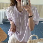 韩国chic夏季法式温柔圆领拼接木，耳边系带设计感宽松泡泡袖衬衫女