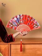 绸布金边扇中国传统舞蹈扇子，中国风扇子手工折叠扇子宫廷风花扇