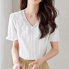 短袖花边v领白色蕾丝衫女衬衫夏季时尚洋气法式别致漂亮小衫