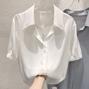 2022韩版气质纯色翻领珍珠链条套头短袖雪纺衬衫女夏薄款上衣