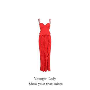 Younger Lady性感裹胸开叉吊带连衣裙设计感荷叶边假两件红色长裙