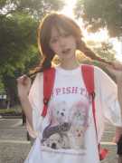 美式甜美猫咪印花白色短袖t恤女纯棉夏季宽松学院风学生百搭上衣