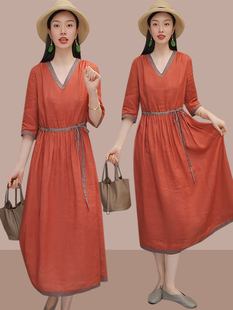 2023年新中式禅意质感长裙v领半袖收腰系带，a字连衣裙子女夏季
