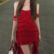 titi小姐姐澳洲野玫瑰重工，拖尾透透修身性感，红色雪纺连衣裙