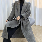 韩版深灰色宽松系带双面，羊绒羊毛呢子大衣女中长款加厚羊毛呢外套
