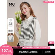 mc2撞色翻领条纹假两件白衬衫女装2024春秋拼接抽绳长袖上衣