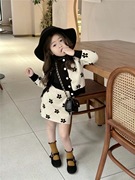 儿童套装毛线上衣裙子2023秋季女孩洋气韩版花朵，开衫外套半身裙潮