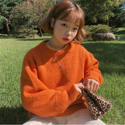 韩版秋冬慵懒风糖果色橘橙色加厚宽松套头针织毛衣女(毛，衣女)毛线外(毛线外)穿