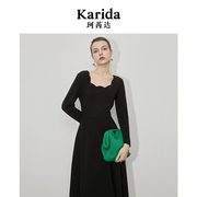 Karida/珂芮达梦回巴黎气质优雅经典黑色长袖中长款连衣裙