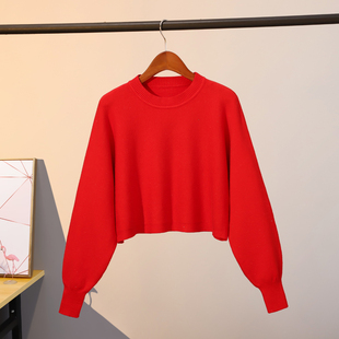 高腰短款红色毛衣秋冬季圆领，蝙蝠袖套头，本命年上衣搭连衣裙打底衫