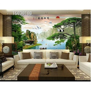 瓷砖背景墙大型山水风景画迎客松，中式客厅电视，背景墙砖画人间仙境