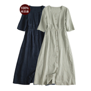 日本无印风100%亚麻方领连衣裙收腰衬衫式，五分袖夏季新中长款裙子