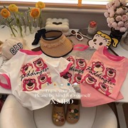 2024女童短袖t恤儿童草莓熊可爱(熊，可爱)印花洋气夏装宝宝卡通上衣潮