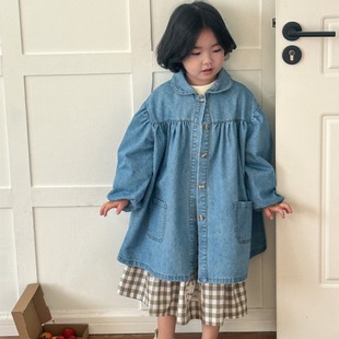 2024春季女童韩版可爱娃娃领泡泡袖牛仔衣儿童中长款休闲外套