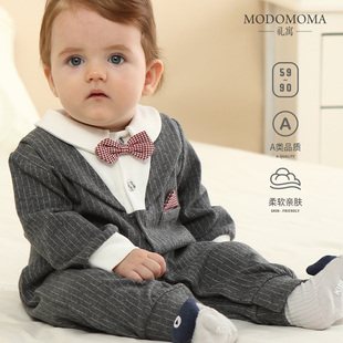 modomoma新生婴儿衣服春装，绅士男宝长袖，拼色条纹领结连体衣爬服