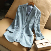夏季薄款一粒扣镂空蕾丝西服气质雾霾蓝七分袖西装上衣外套女
