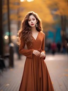 秋冬装独特高级感穿搭小个子橘色气质收腰长袖连衣裙子女装超好看