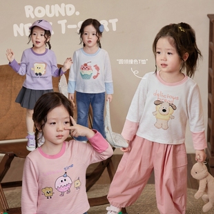 女童长袖t恤2024春秋装儿童卡通长袖洋气韩系小众设计款上衣