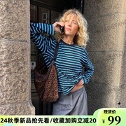 24秋季研发中3.28嘉叁美式复古藏蓝色条纹圆领长袖T恤
