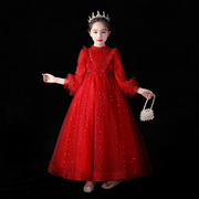 女童红色公主裙花童婚礼小女孩儿童高端过年晚礼服钢琴演出服冬季