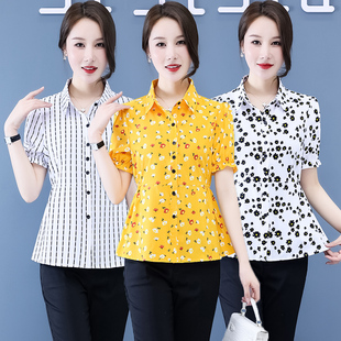 衬衫女短袖夏季洋气韩版时尚百搭气质翻领，印花衬衣大码雪纺衫