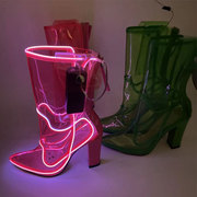闪闪灯鞋尖头酒吧舞台演出透明荧光绿外贸女鞋gogo跳舞靴子高跟鞋