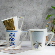 办公室茶杯大容量马克杯子陶瓷带盖勺家用简约创意水杯情侣咖啡杯