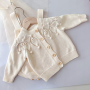 ins韩版婴儿外套手工毛球针织，开衫女宝宝毛衣纯棉棉纱线上衣套装
