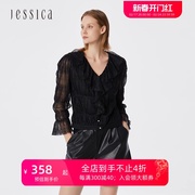 秋上新JESSICA 黑色蕾丝上衣七分袖荷叶边V领 4331