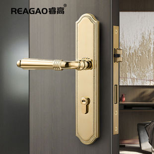 睿高美式纯铜门锁室内卧室欧式木门门把手复古全铜金色房门锁法式