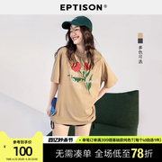 eptison短袖t恤女2024夏季时尚个性宽松印花纯棉，休闲上衣