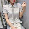 2024夏季韩版带钻领带短袖职业衬衫女设计感小众修身翻领上衣
