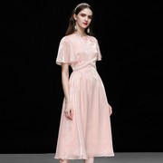 夏季女装2023气质法式杏粉色，收腰显瘦缎面纱裙连衣裙长裙裙子