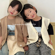 韩系童装女童镂空开衫马甲春夏儿童薄款无袖毛线背心外搭时髦