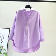 浅紫色设计感小众衬衫长袖，棉上衣女士春秋装，宽松休闲法式打结开衫